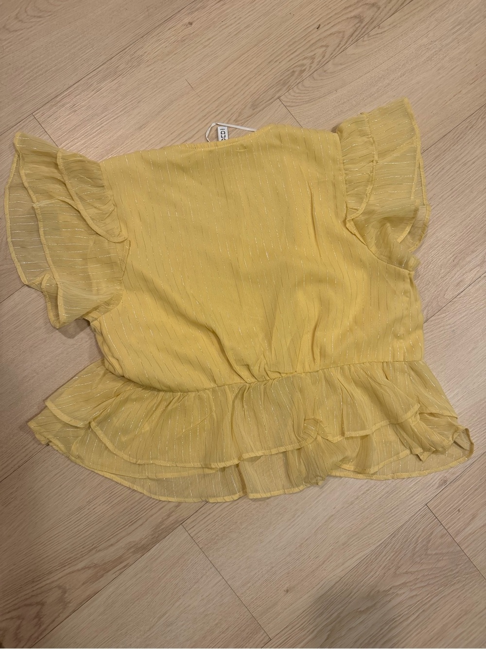 3 for $15 * Divided Yellow Sheer Ruffle Tie-Front Blouse - Picture 4 of 4